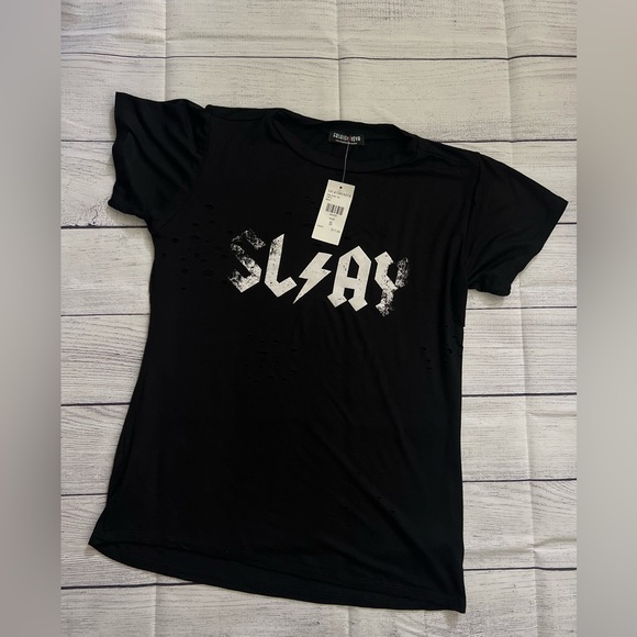 Fashinova (SLAY Away Distressed Black Tee Women’s) Cute top! NEW with tags. - Picture 1 of 10